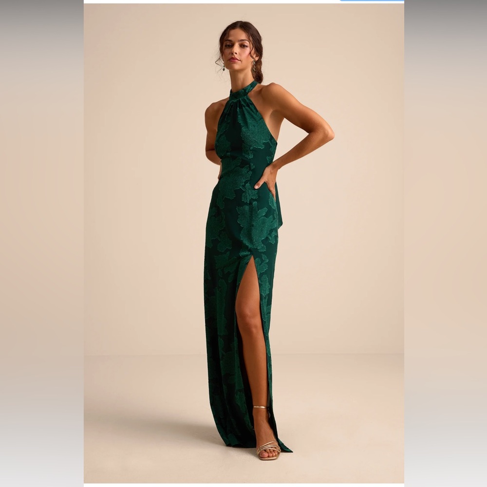 NWT Elegant Emerald tie back Halter Maxi Dress with side Slit - Picture 2 of 4